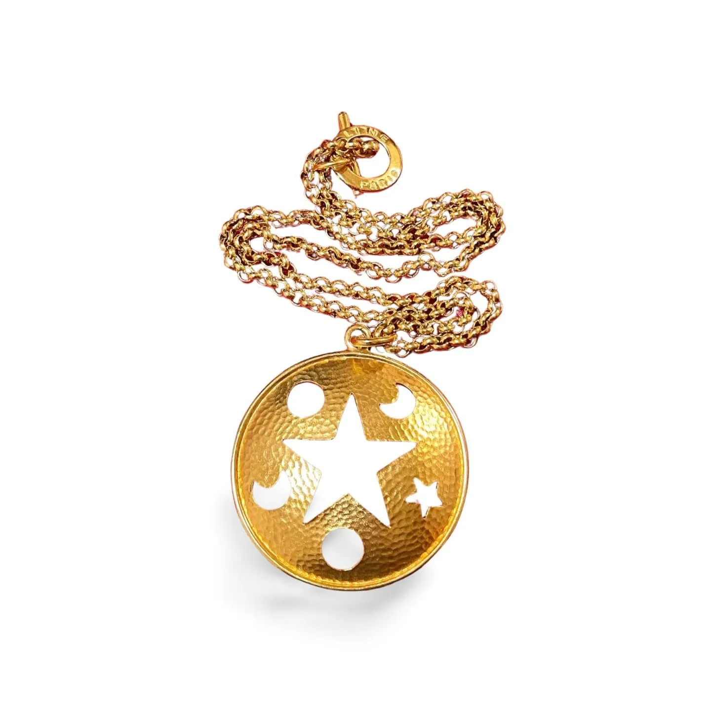 MINT. Vintage Celine gold chain necklace with extra large round top with cut out moon, sun, and star. Rare masterpiece. 060220ac1