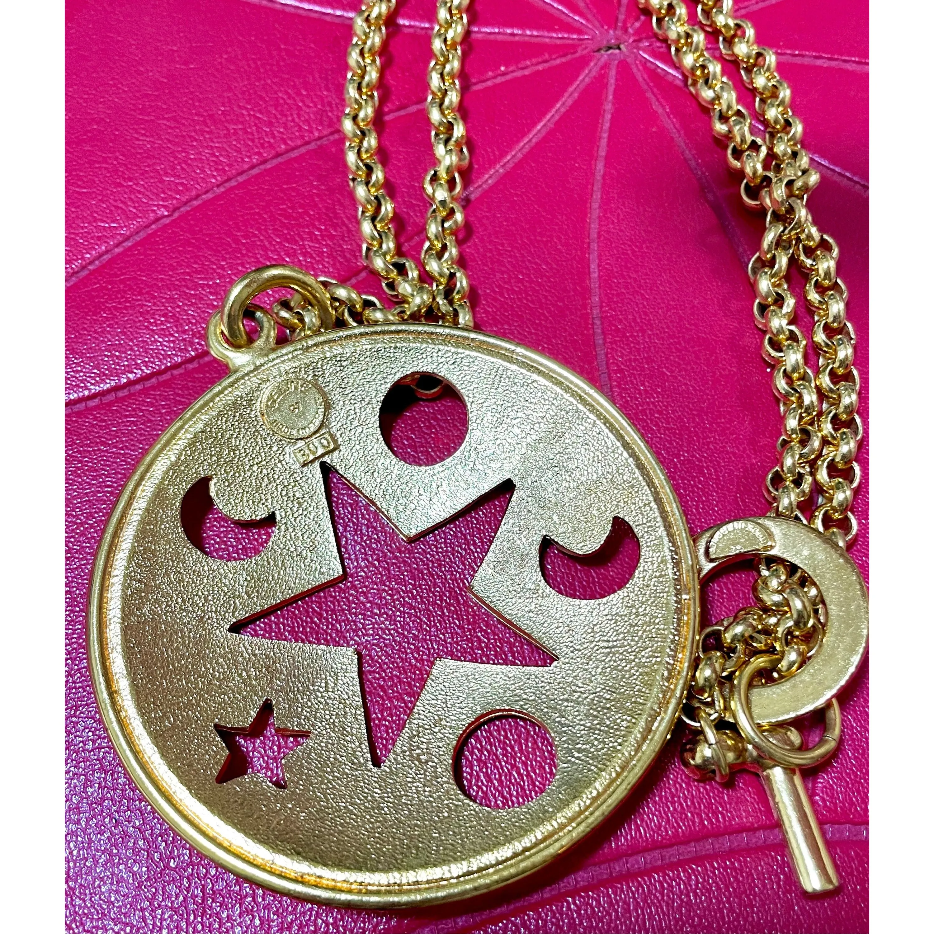 MINT. Vintage Celine gold chain necklace with extra large round top with cut out moon, sun, and star. Rare masterpiece. 060220ac1