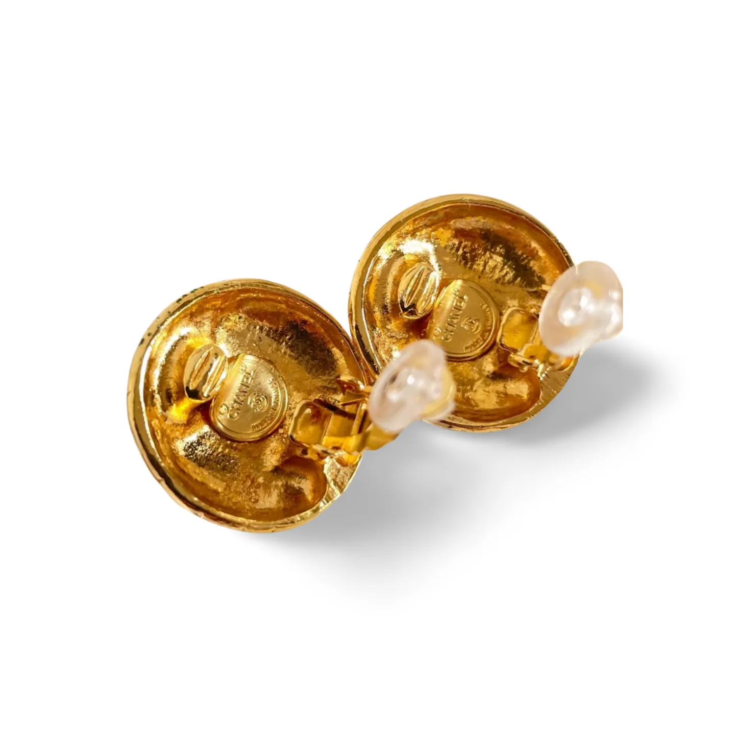 MINT. Vintage CHANEL golden round earrings with embossed Chanel letter logo. Classic vintage Chanel jewelry. 060728br7