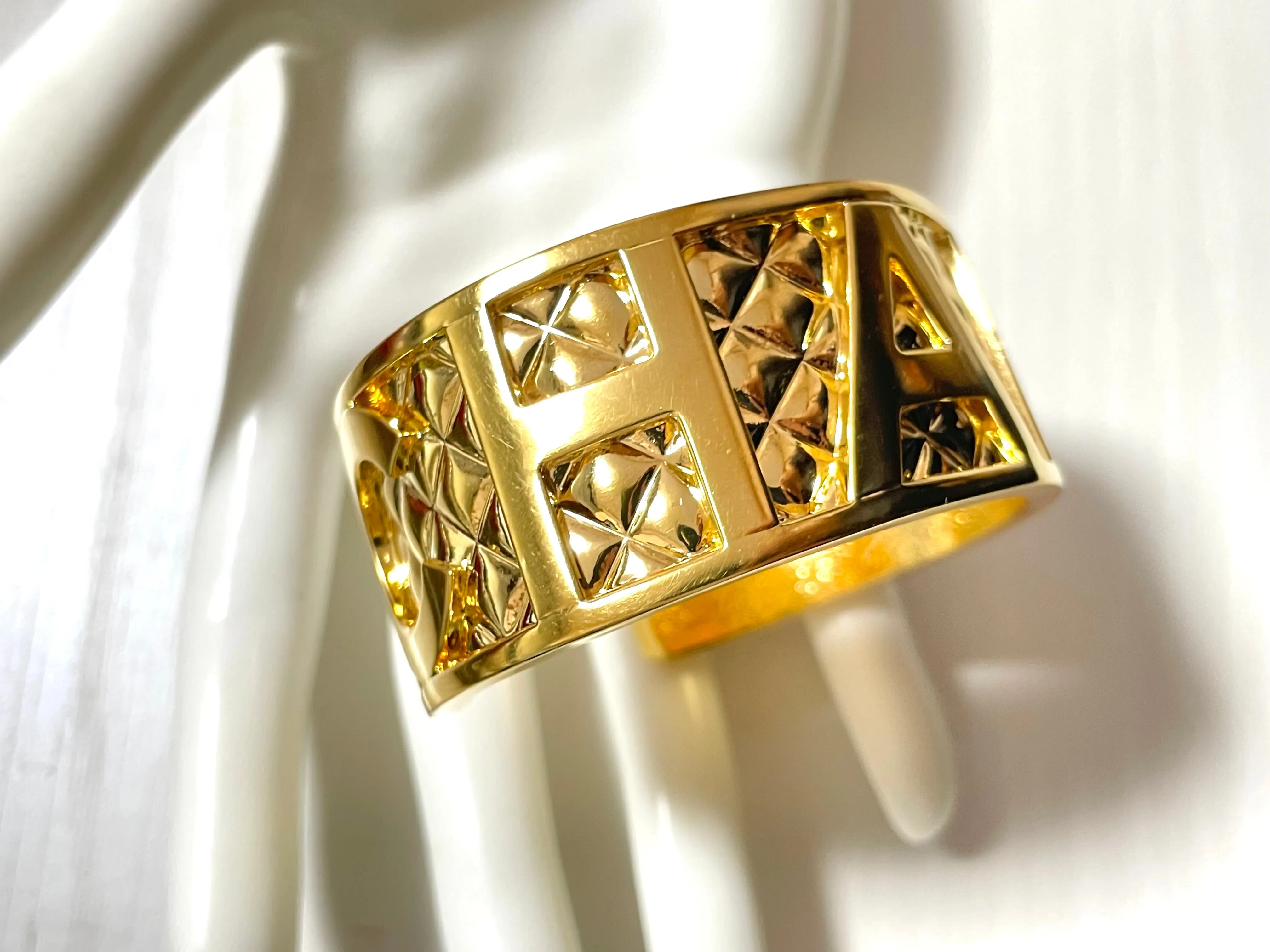MINT. Vintage Chanel logo and matelasse design golden cuff link bangle/ bracelet with logo. Must have gorgeous jewelry. 061210ac2