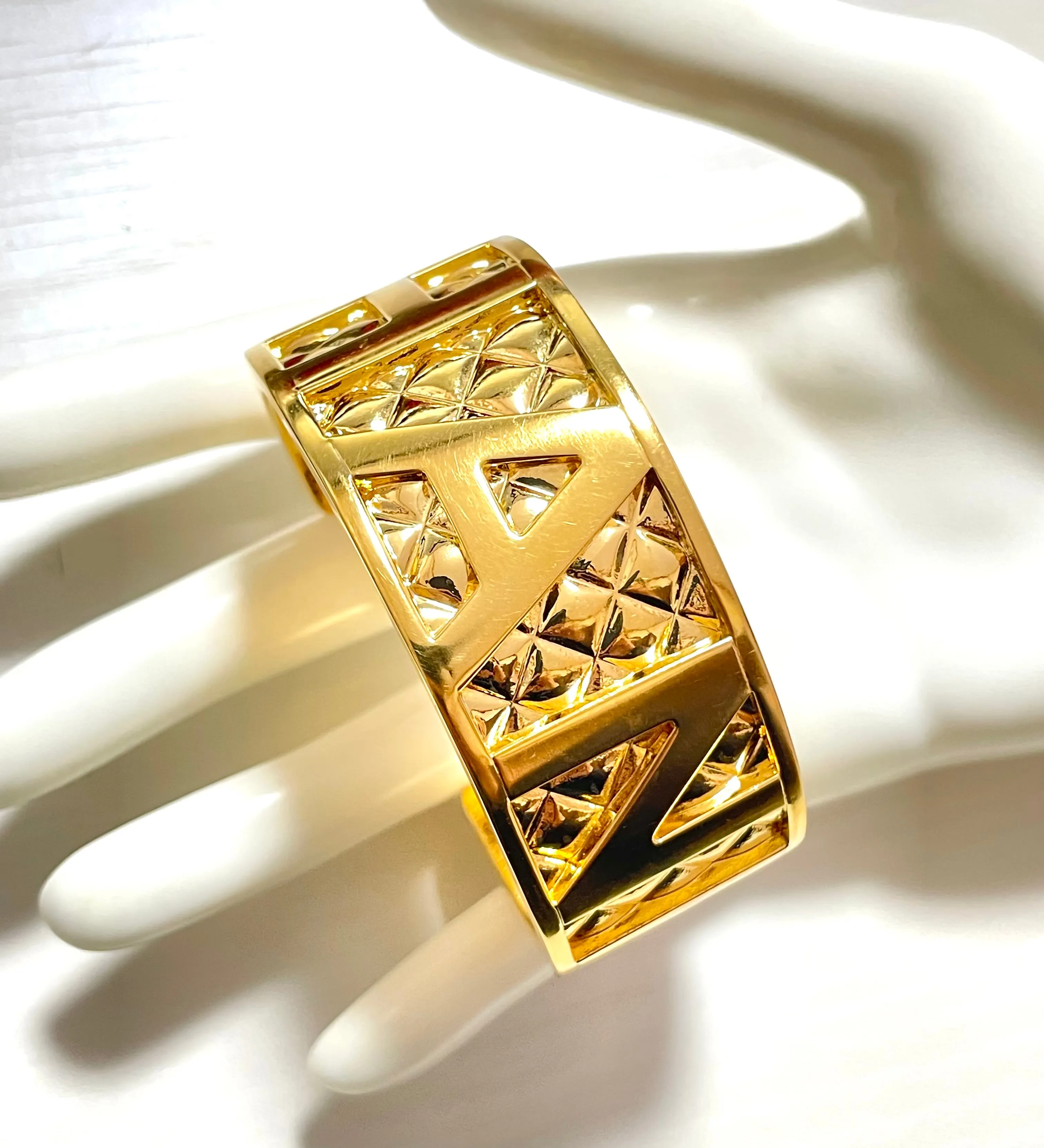 MINT. Vintage Chanel logo and matelasse design golden cuff link bangle/ bracelet with logo. Must have gorgeous jewelry. 061210ac2