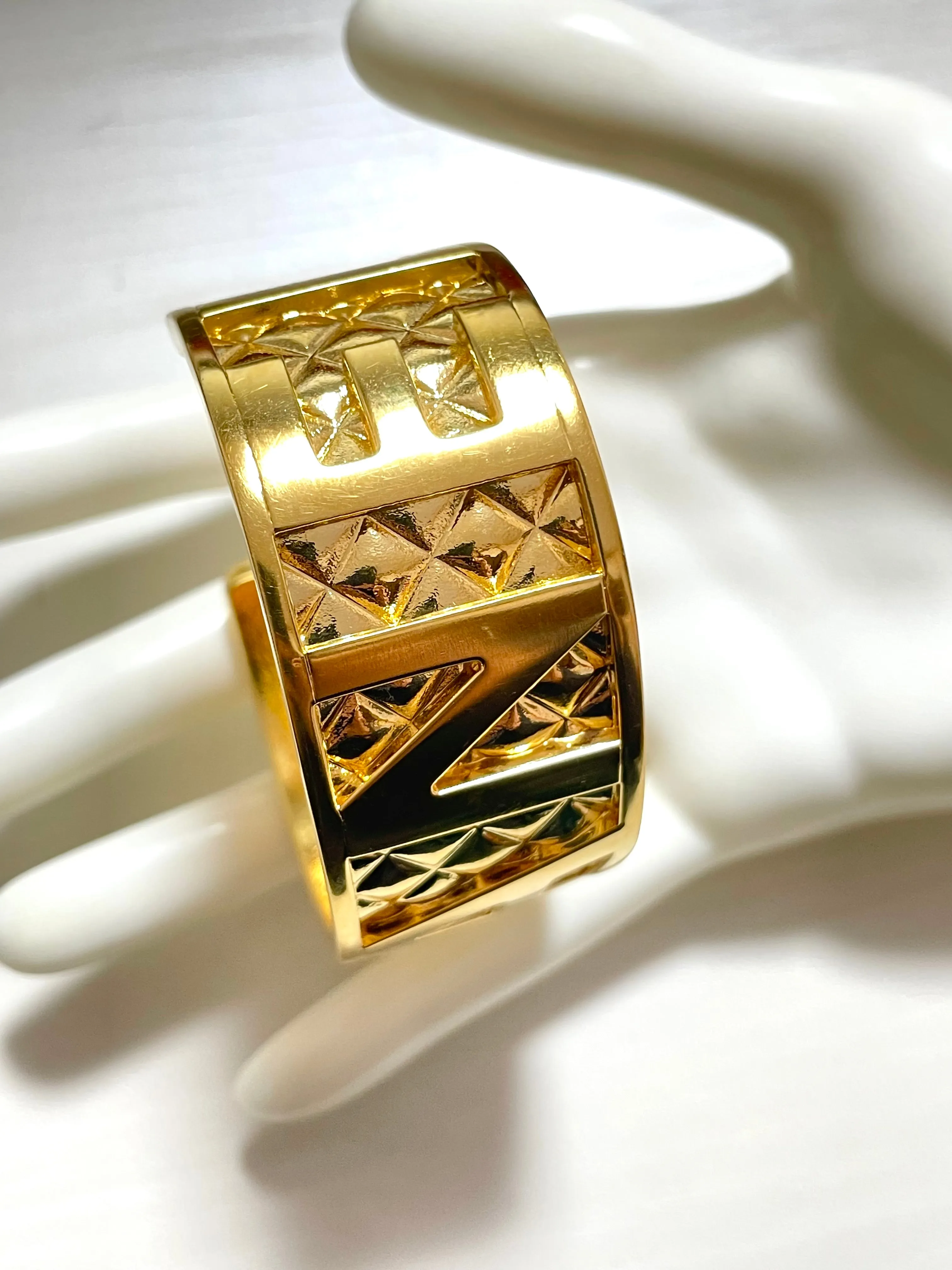 MINT. Vintage Chanel logo and matelasse design golden cuff link bangle/ bracelet with logo. Must have gorgeous jewelry. 061210ac2