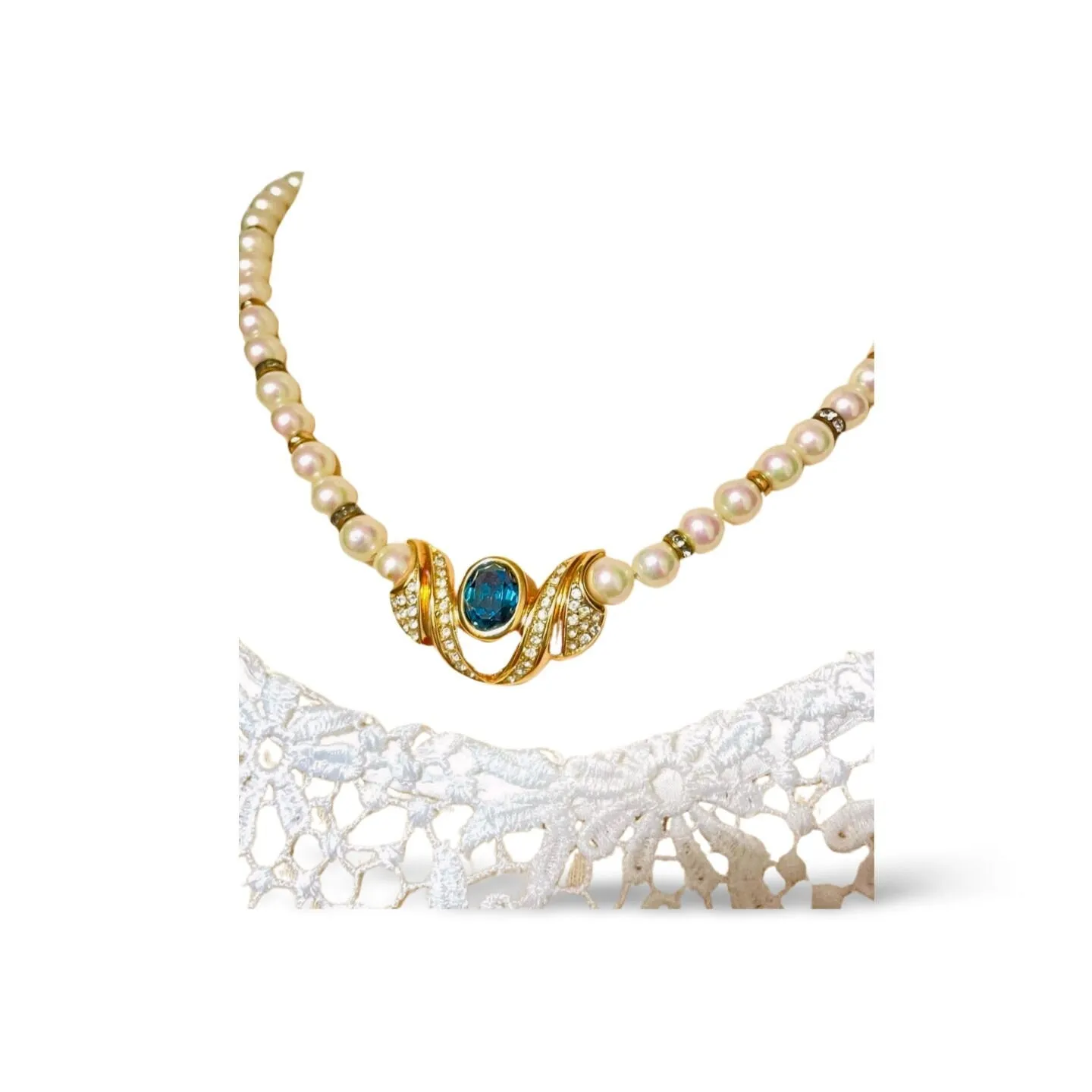 MINT. Vintage Christian Dior opal shine pearl necklace with emerald green glass and crystal top. Beautiful statement necklace. 060123ac3