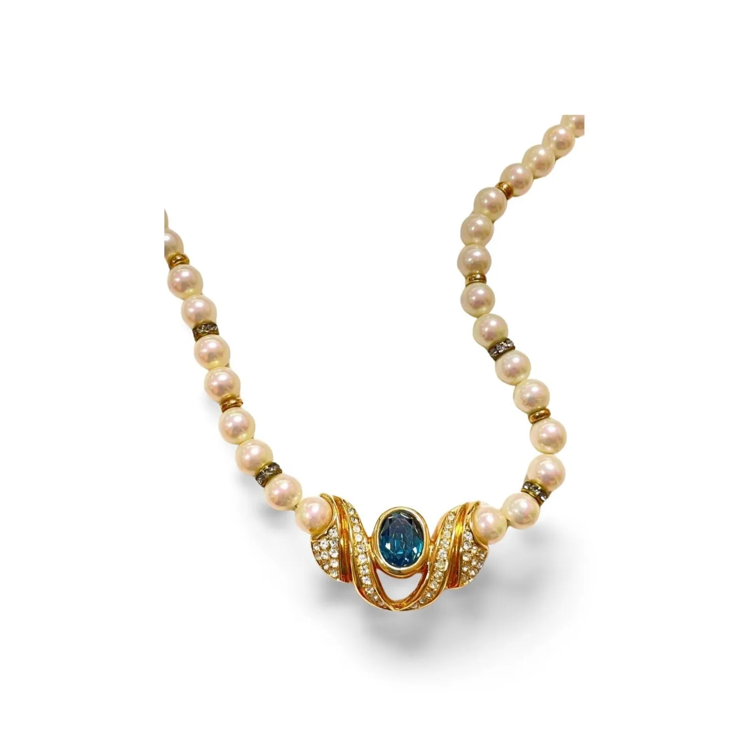 MINT. Vintage Christian Dior opal shine pearl necklace with emerald green glass and crystal top. Beautiful statement necklace. 060123ac3