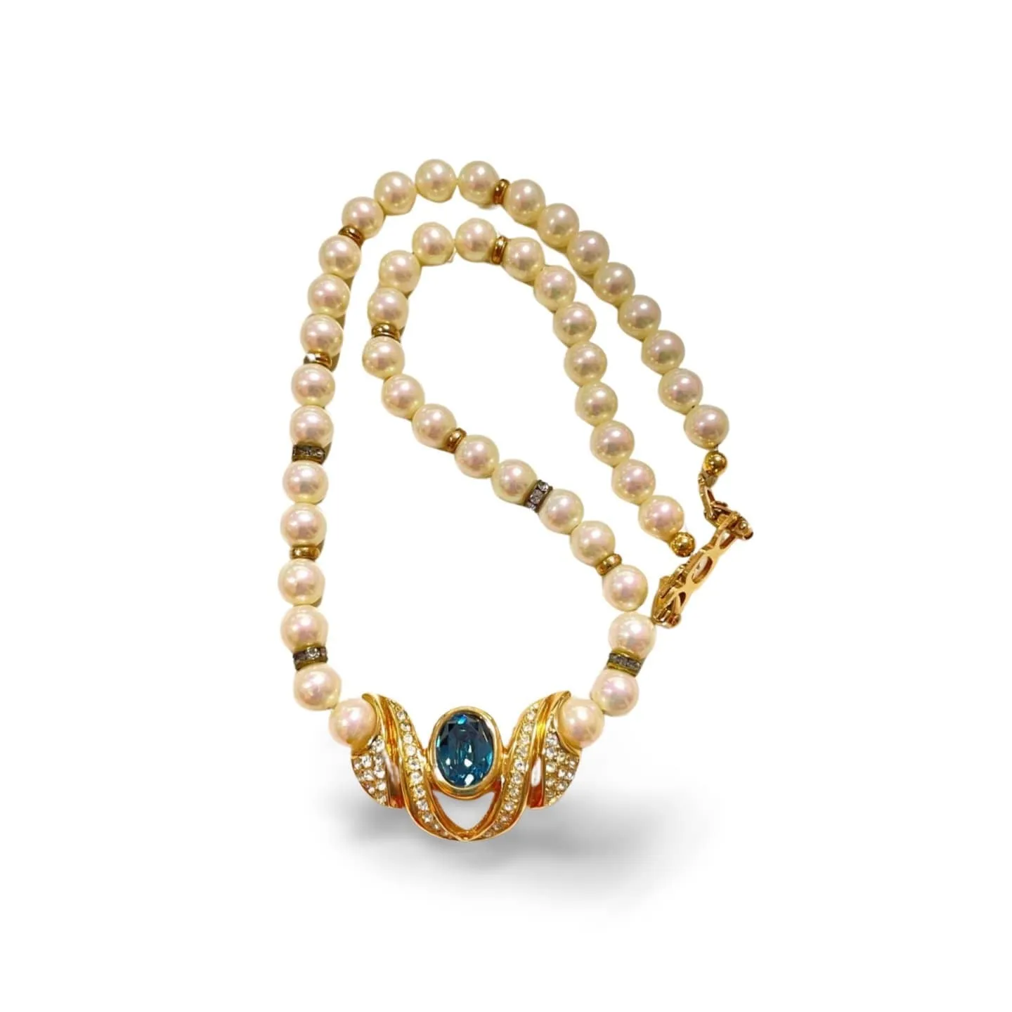 MINT. Vintage Christian Dior opal shine pearl necklace with emerald green glass and crystal top. Beautiful statement necklace. 060123ac3