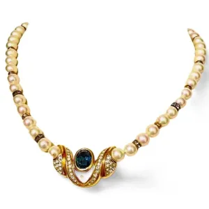 MINT. Vintage Christian Dior opal shine pearl necklace with emerald green glass and crystal top. Beautiful statement necklace. 060123ac3