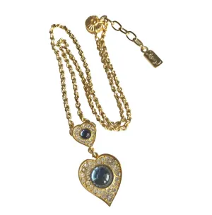 MINT. Vintage Yves Saint Laurent golden chain statement necklace with blue stone and crystal heart pendant top. 0406012