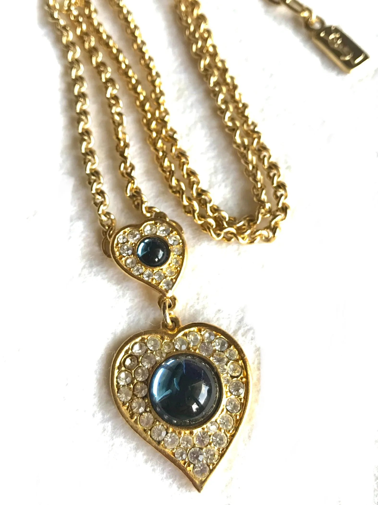 MINT. Vintage Yves Saint Laurent golden chain statement necklace with blue stone and crystal heart pendant top. 0406012