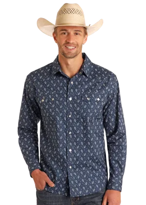 Modern Vintage Abstract Print Long Sleeve Snap Shirt