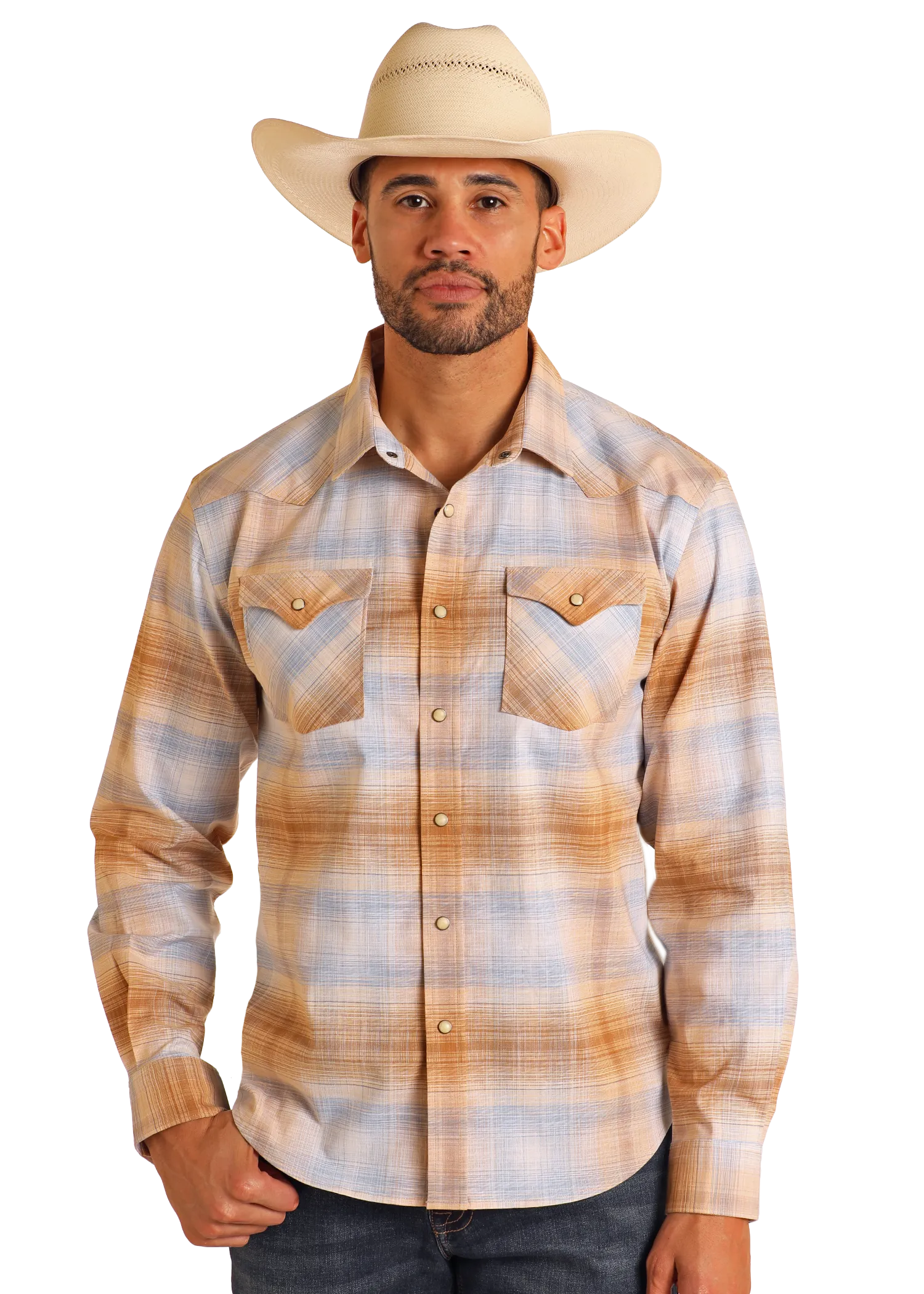 Modern Vintage Ombre Plaid Long Sleeve Snap Shirt