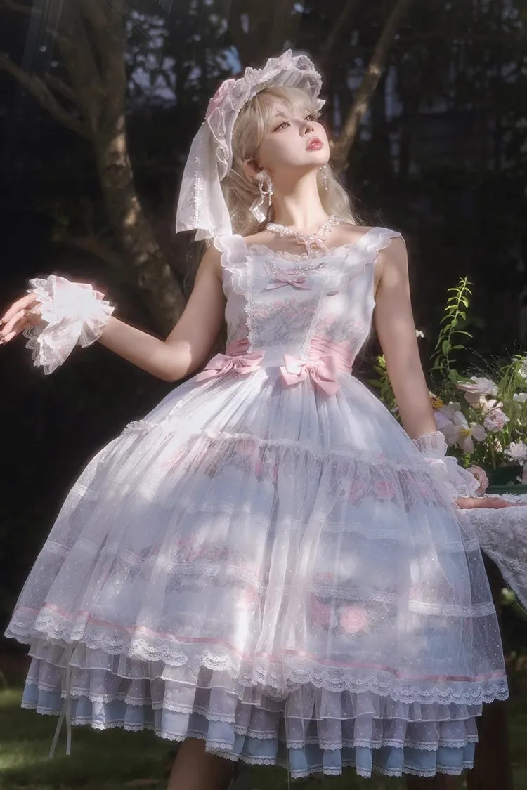 Multi-Color [Rose Flower Cage] Print Ruffle Bowknot Sweet Elegant Lolita Jsk Dress