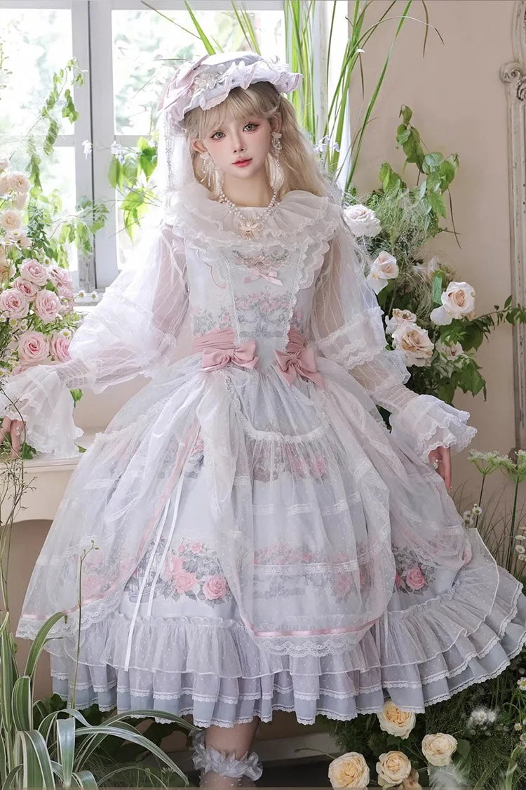 Multi-Color [Rose Flower Cage] Print Ruffle Bowknot Sweet Elegant Lolita Jsk Dress