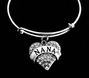 Nana Crystal Heart Silver Charm Bracelet Adjustable Wire Bangle Expandable