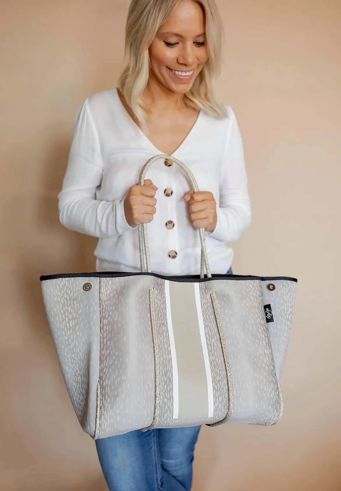 Neoprene Bag - Beige Fawn w Neutral Center Stripe