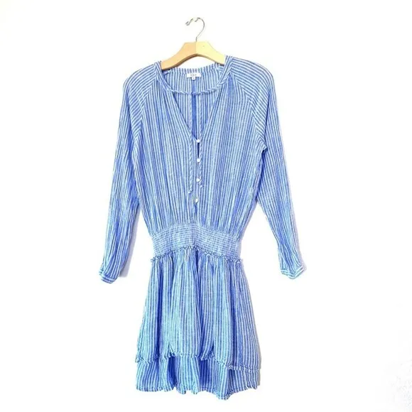 NEW Rails Linen Jasmine Fit and Flare Mini Dress Azure Stripe Blue White Medium