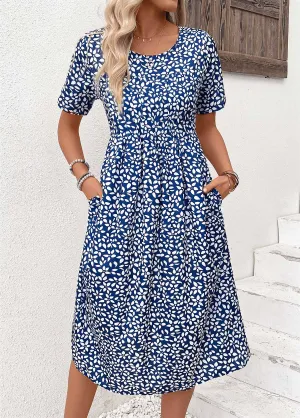 NEW Retails $52 MODLILY DESIGN Navy Pocket Ditsy Floral Print Short Sleeve Dress, Sz M