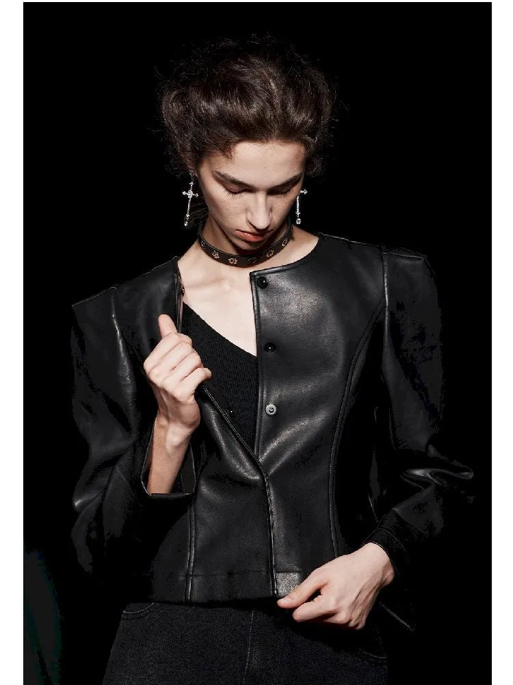 Non-Collar Magnetic Snap Leather Jacket