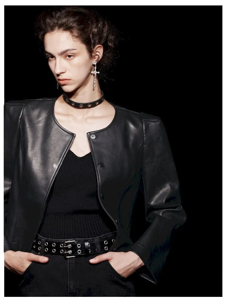 Non-Collar Magnetic Snap Leather Jacket