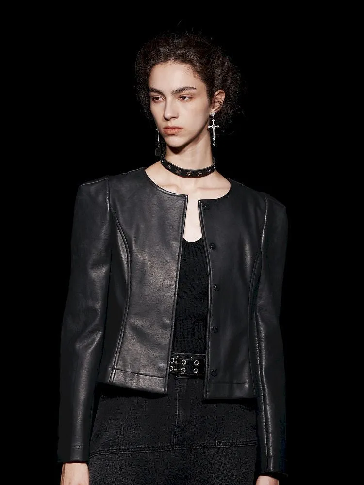 Non-Collar Magnetic Snap Leather Jacket