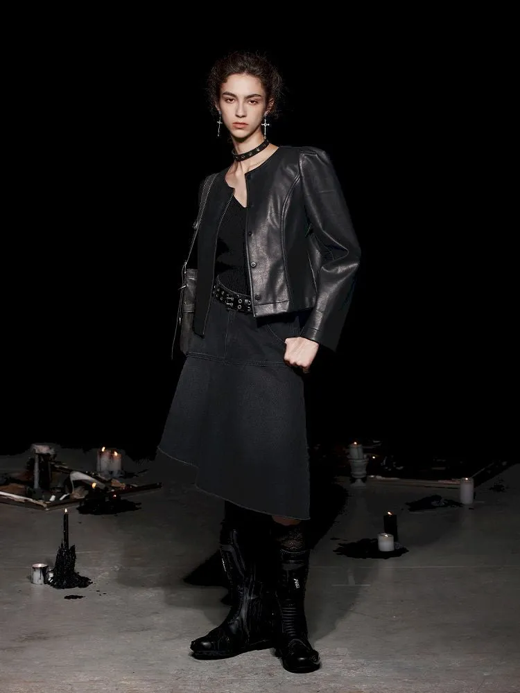 Non-Collar Magnetic Snap Leather Jacket