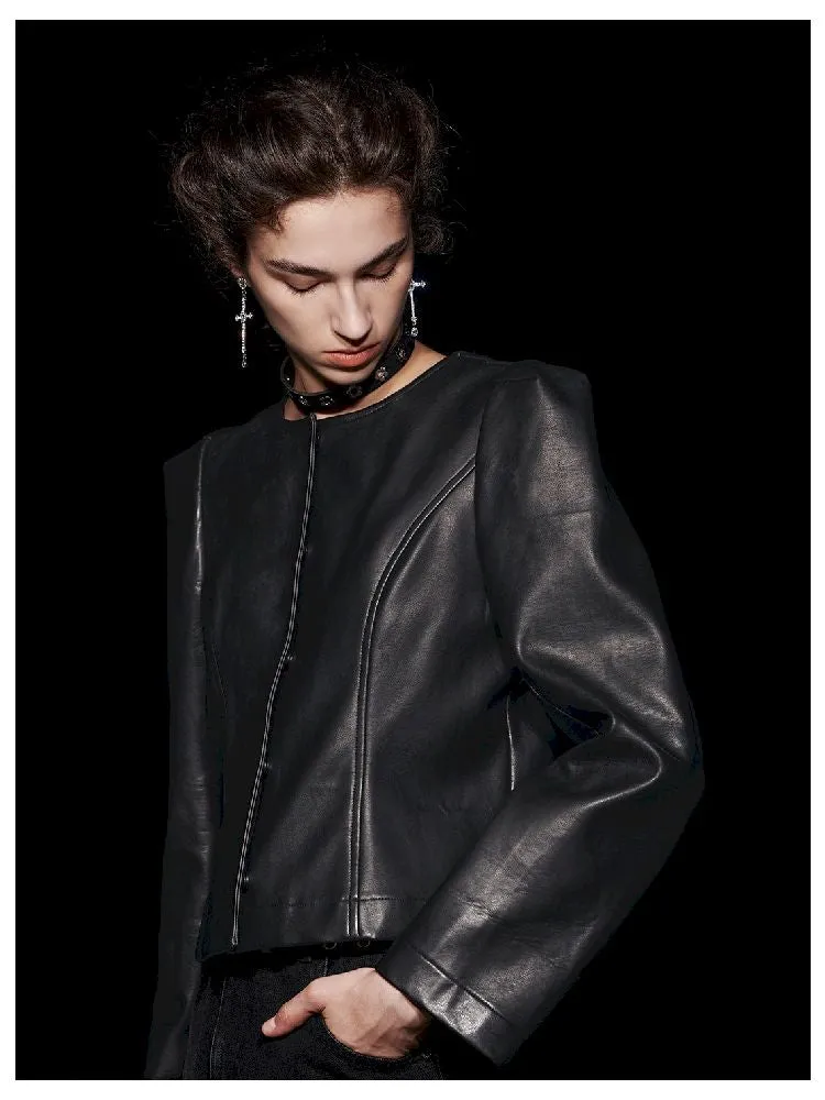Non-Collar Magnetic Snap Leather Jacket