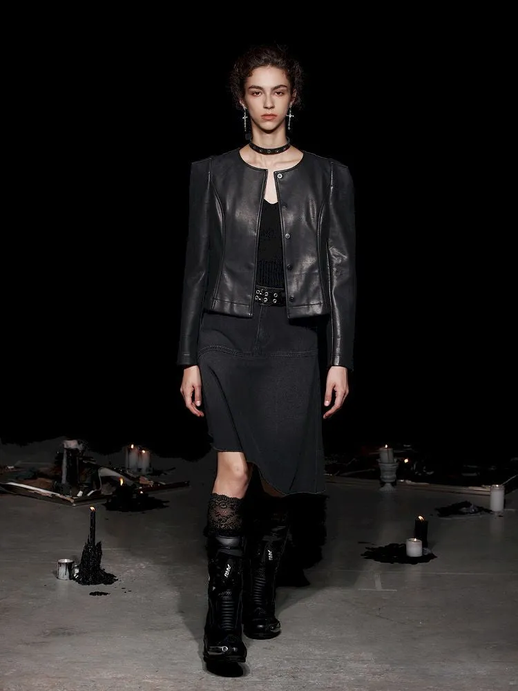 Non-Collar Magnetic Snap Leather Jacket