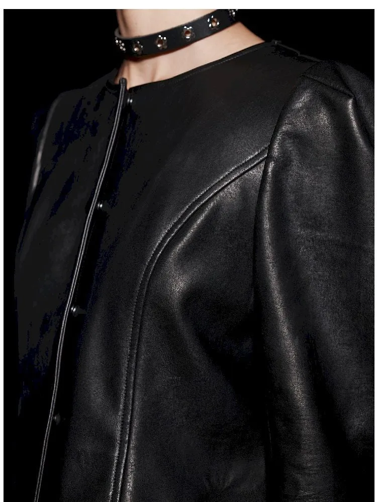 Non-Collar Magnetic Snap Leather Jacket