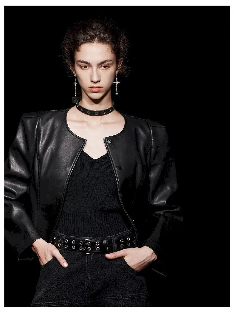 Non-Collar Magnetic Snap Leather Jacket