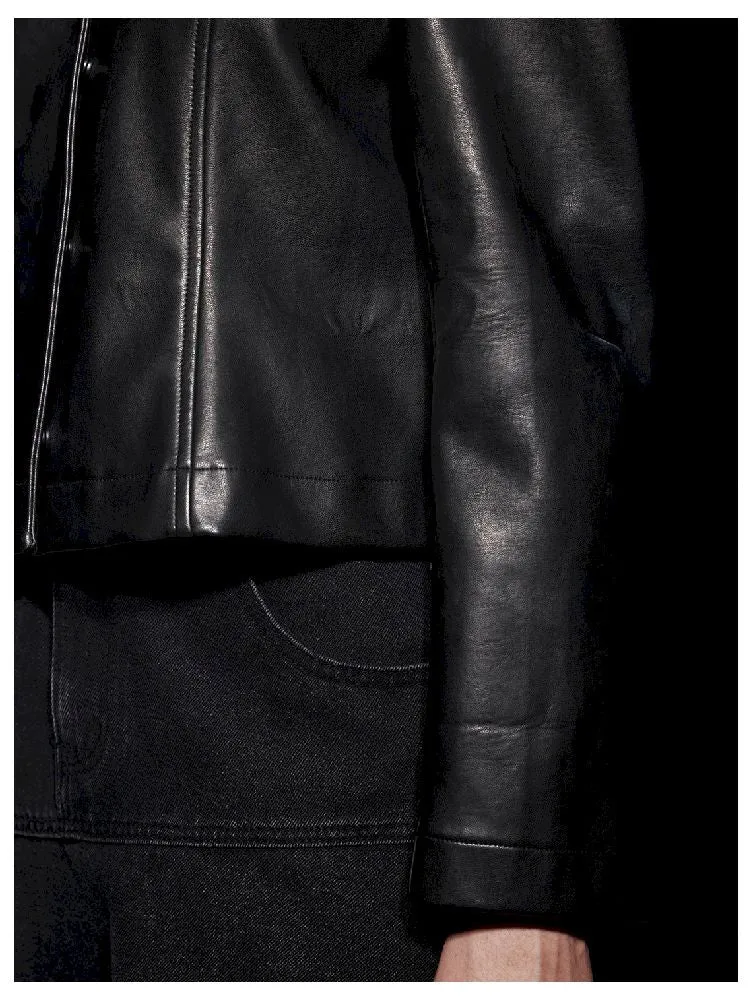 Non-Collar Magnetic Snap Leather Jacket