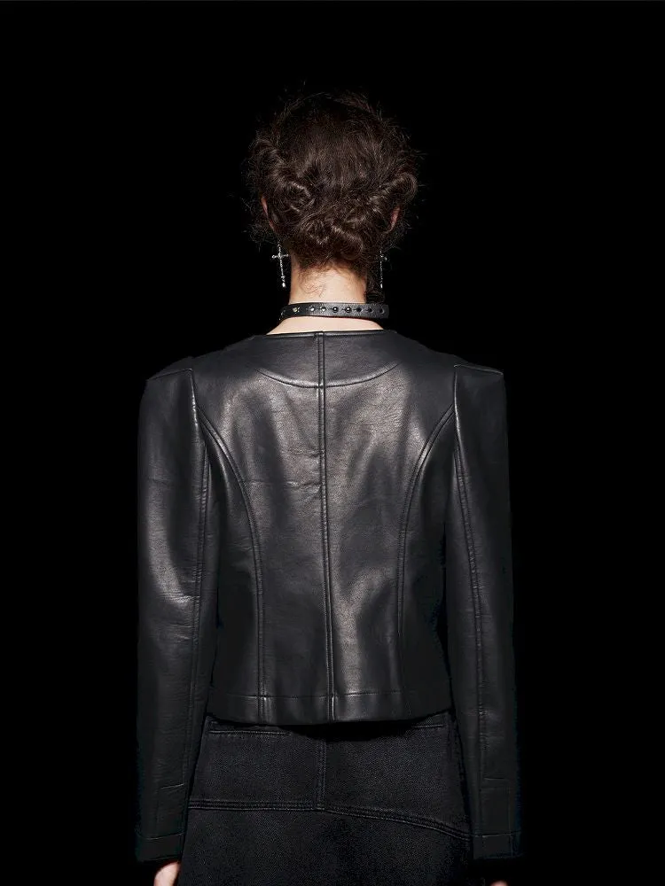 Non-Collar Magnetic Snap Leather Jacket