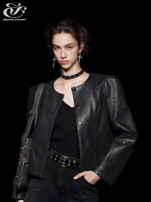Non-Collar Magnetic Snap Leather Jacket