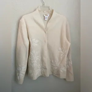 NWOT, Vintage Talbots 100% Wool Cream Jacket w Floral Embroidery Womens Size M