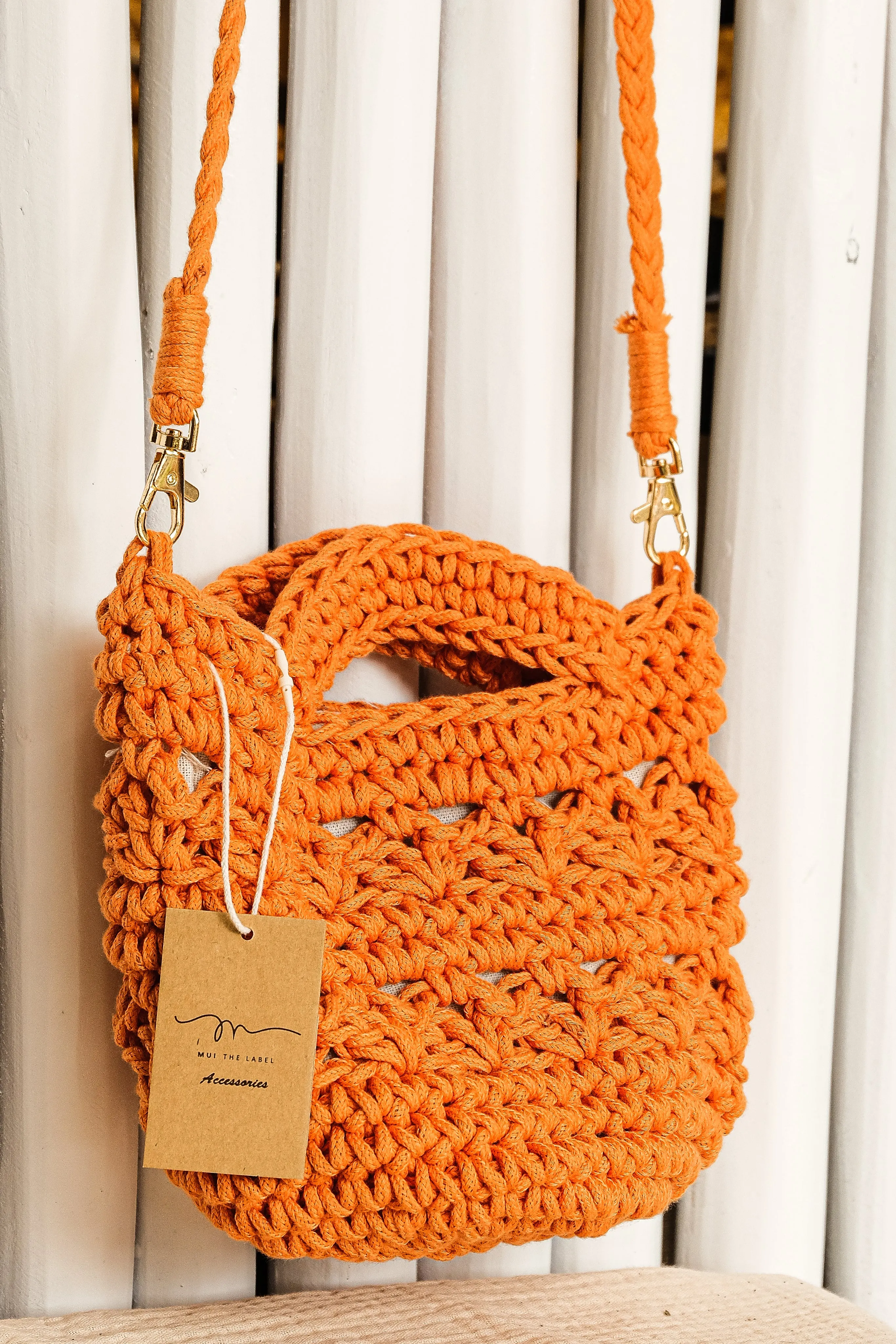 Orange Crochet Handbag with Attachable Crossbody Strap