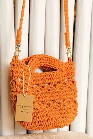Orange Crochet Handbag with Attachable Crossbody Strap