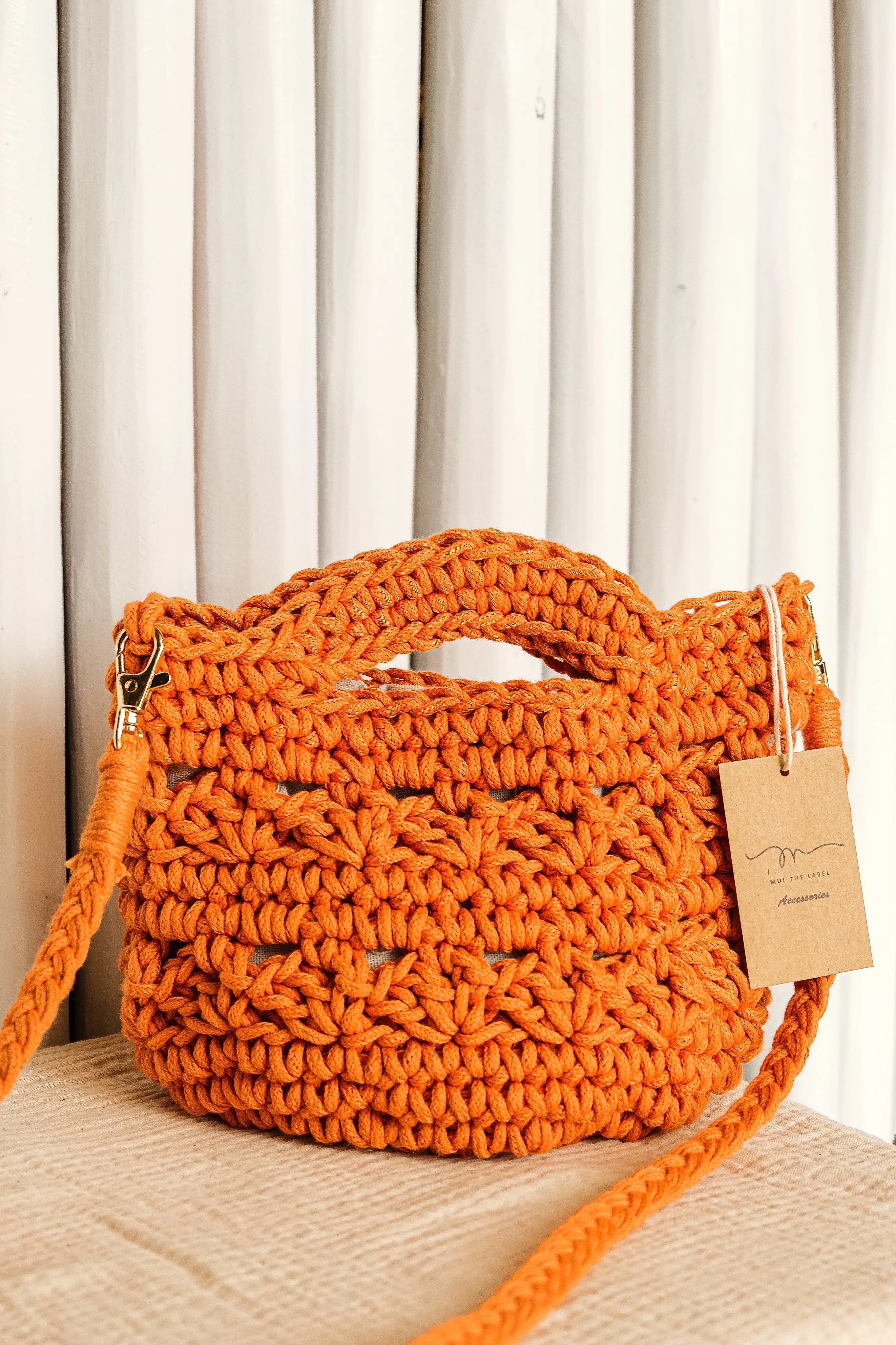 Orange Crochet Handbag with Attachable Crossbody Strap