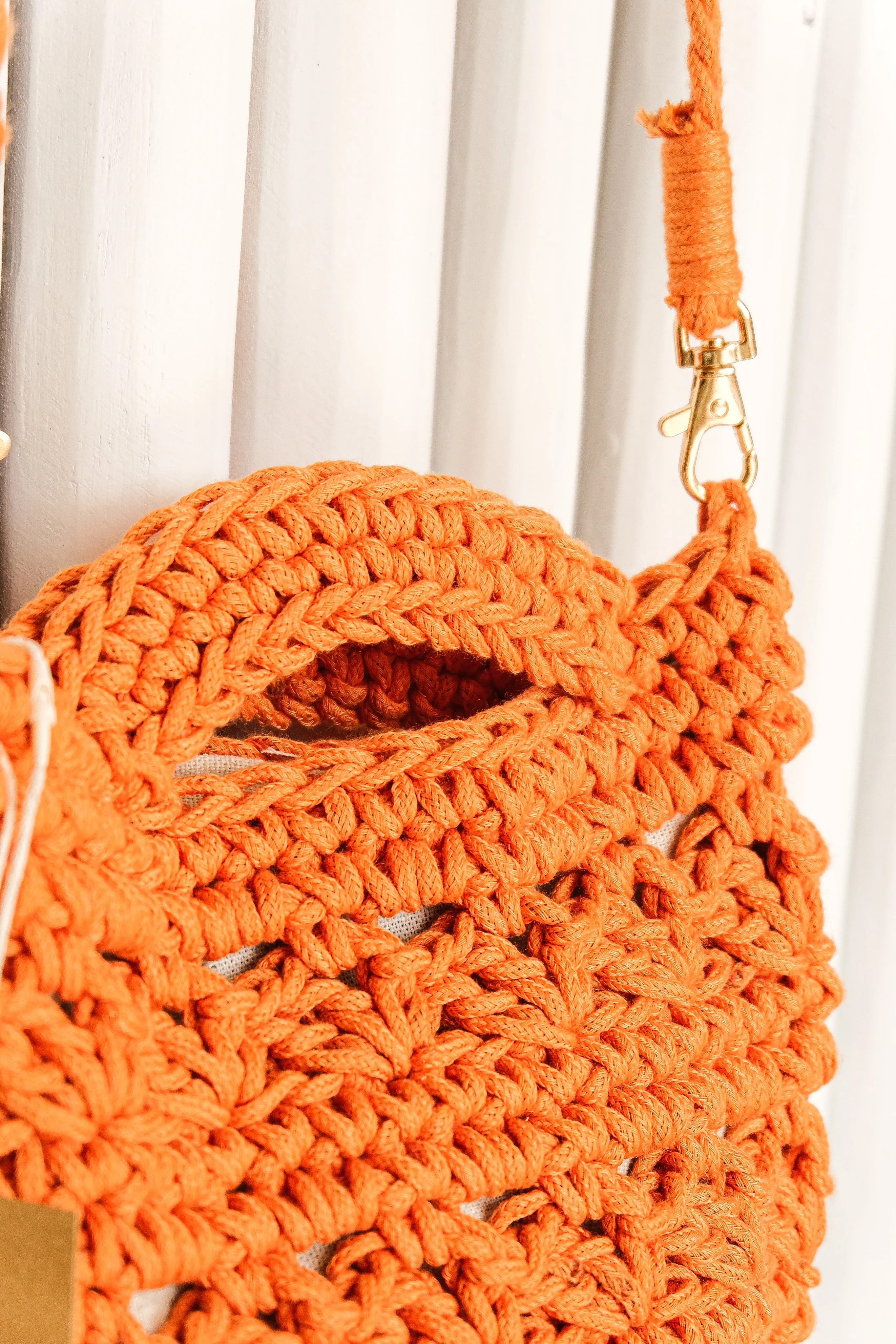 Orange Crochet Handbag with Attachable Crossbody Strap