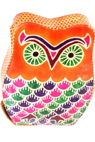 Orange Vintage Owl Leather Art Coin Bank