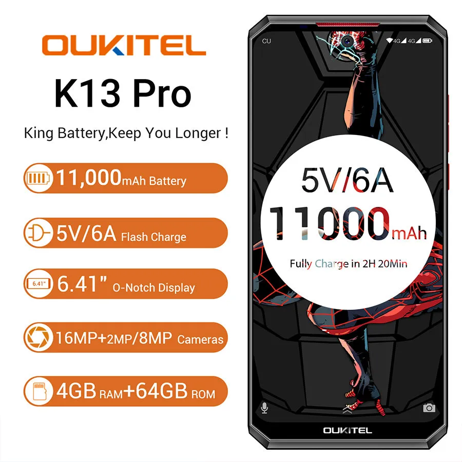 Oukitel K13 Pro Quad Core 6.41 inch 11000mAh Battery 8MP 16MP Camera 1560x720 Resolution 64GB 4GB Mobile Phone Smartphone black