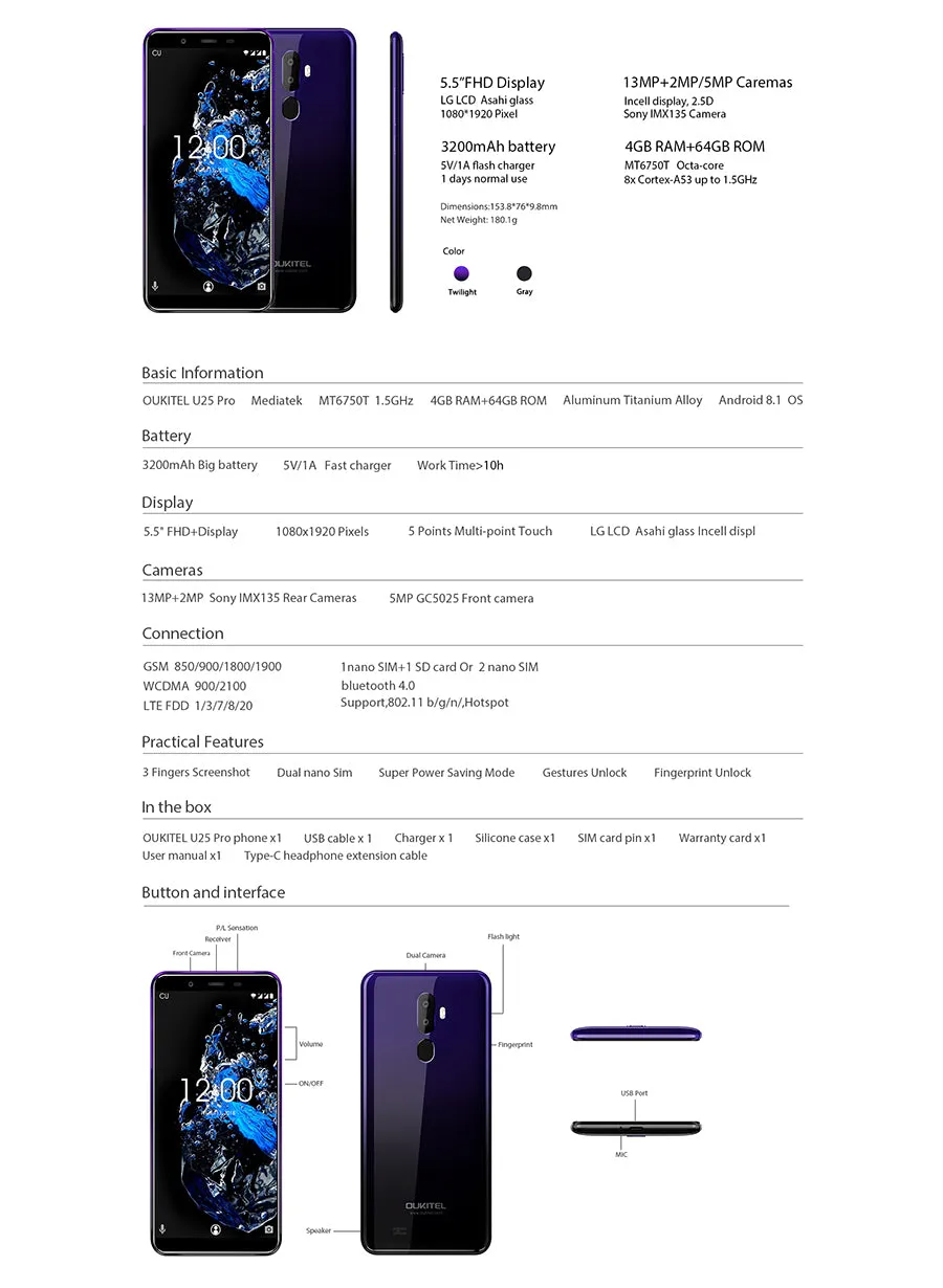 OUKITEL U25 Pro 4 64GB Smartphone - 5.5 inch, Android 8.1, MTK6750T Octa Core, 13.0MP Rear Camera - Grad Ient