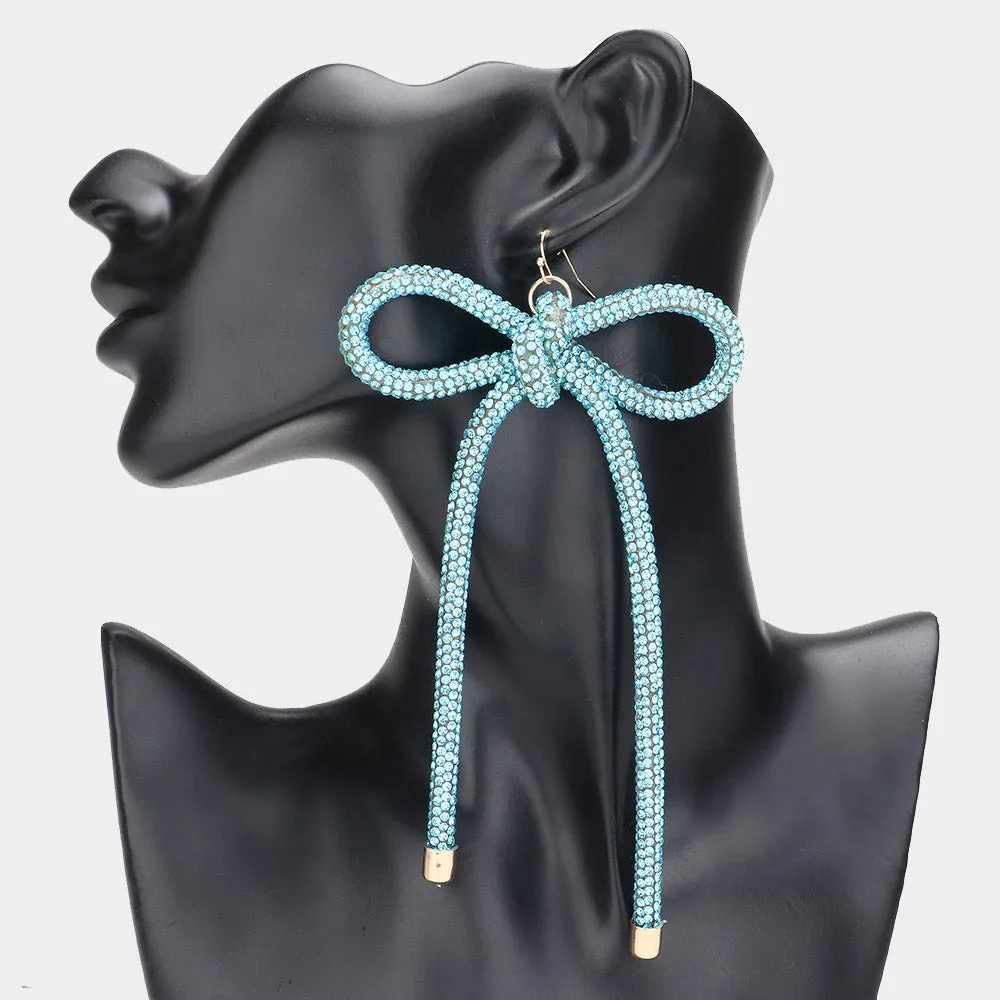 Oversized Long Aqua Studded Bow Fun Fashion Earrings | Runway Earrings |  629893