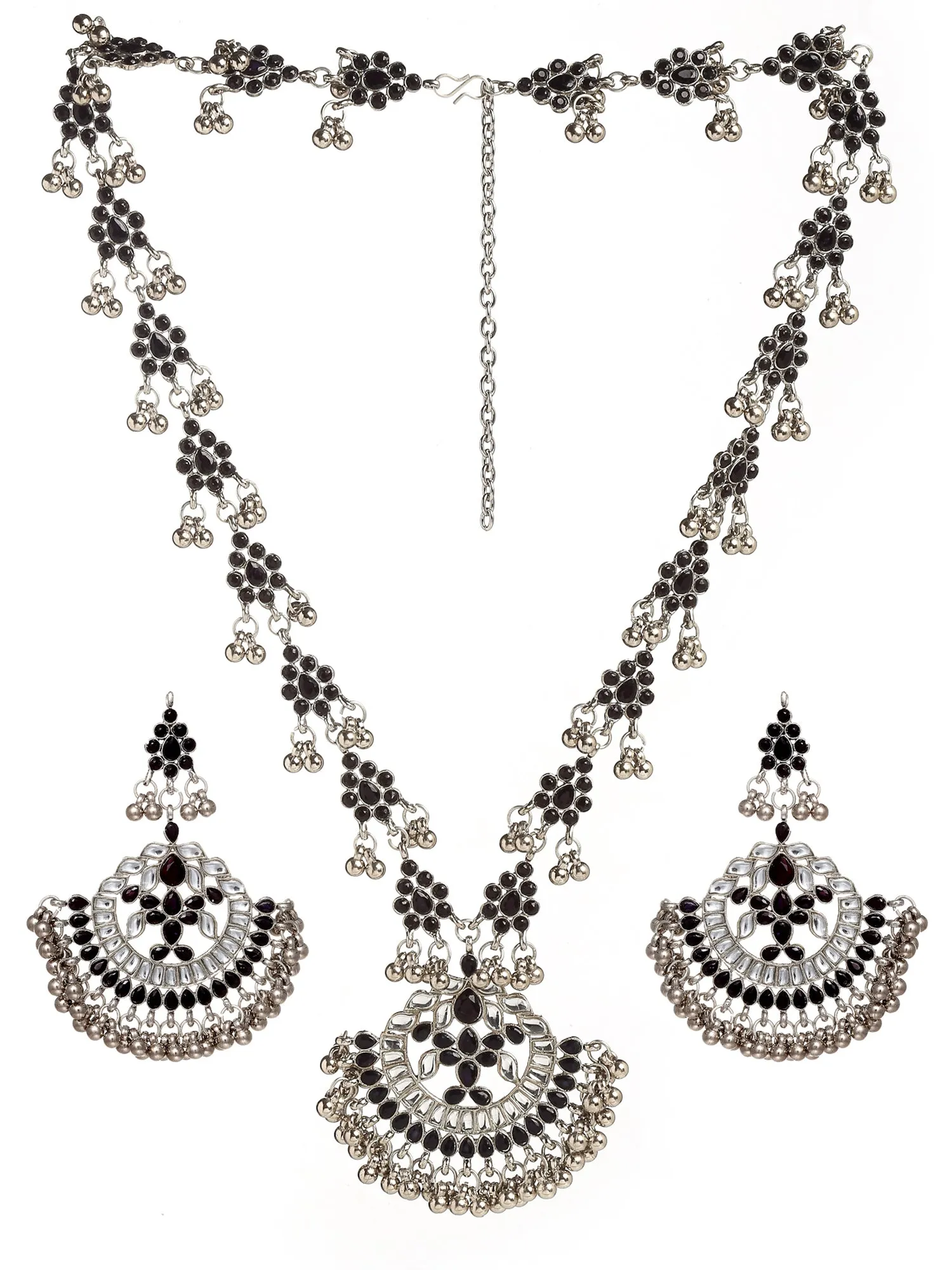 Oxidised Silver Black Kundan Studded Antique Rani Haar Necklace Set