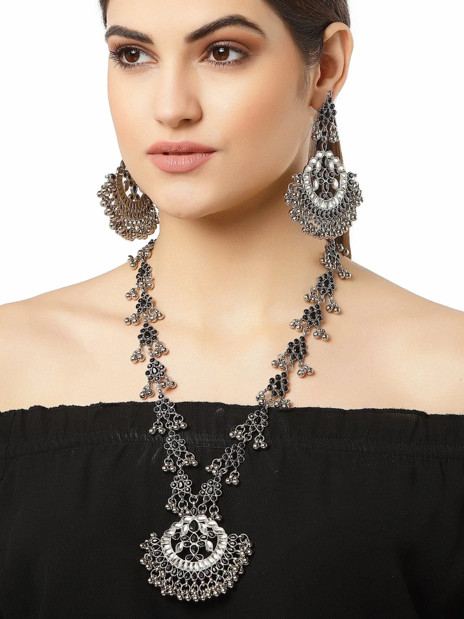Oxidised Silver Black Kundan Studded Antique Rani Haar Necklace Set