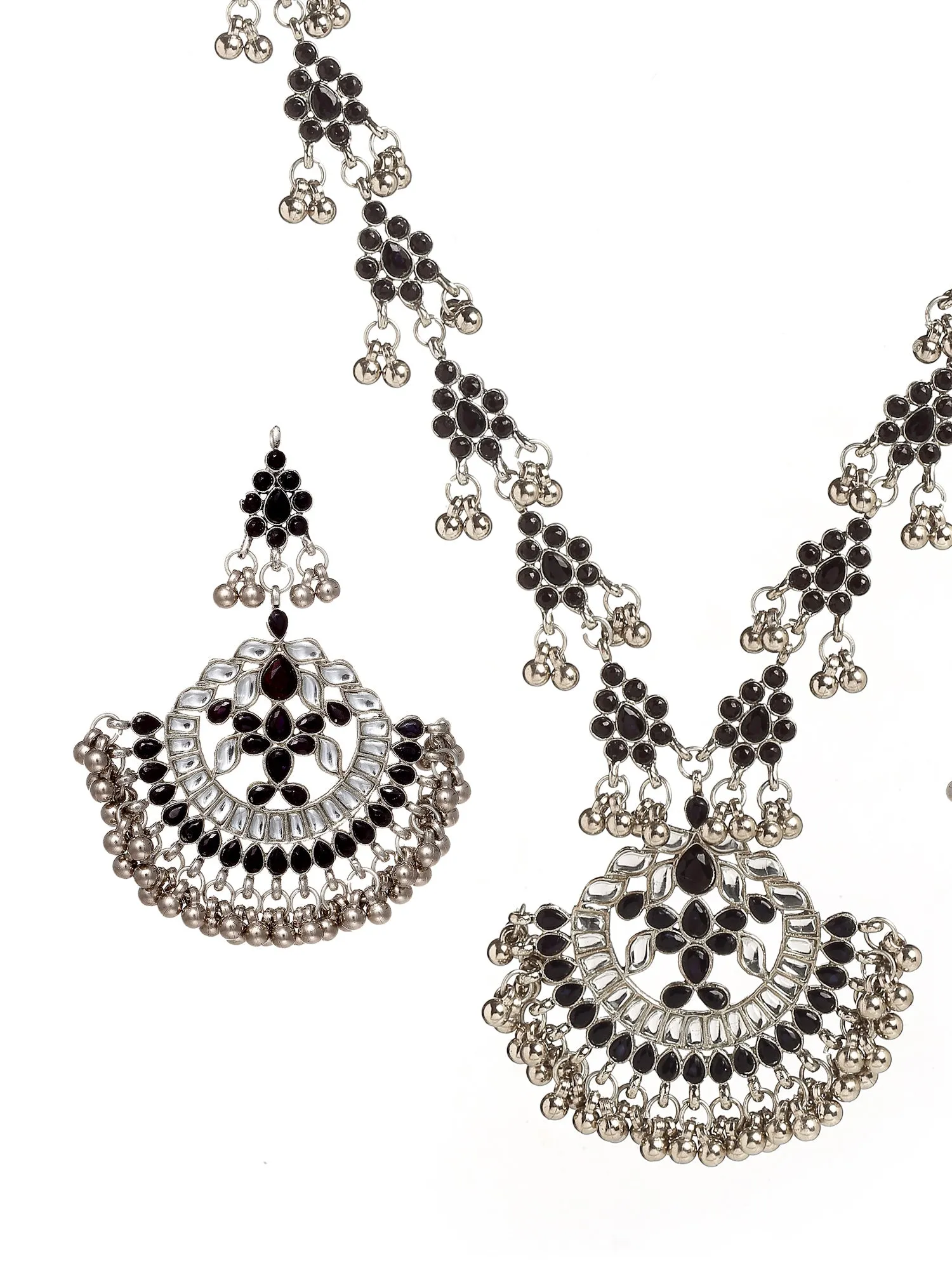 Oxidised Silver Black Kundan Studded Antique Rani Haar Necklace Set