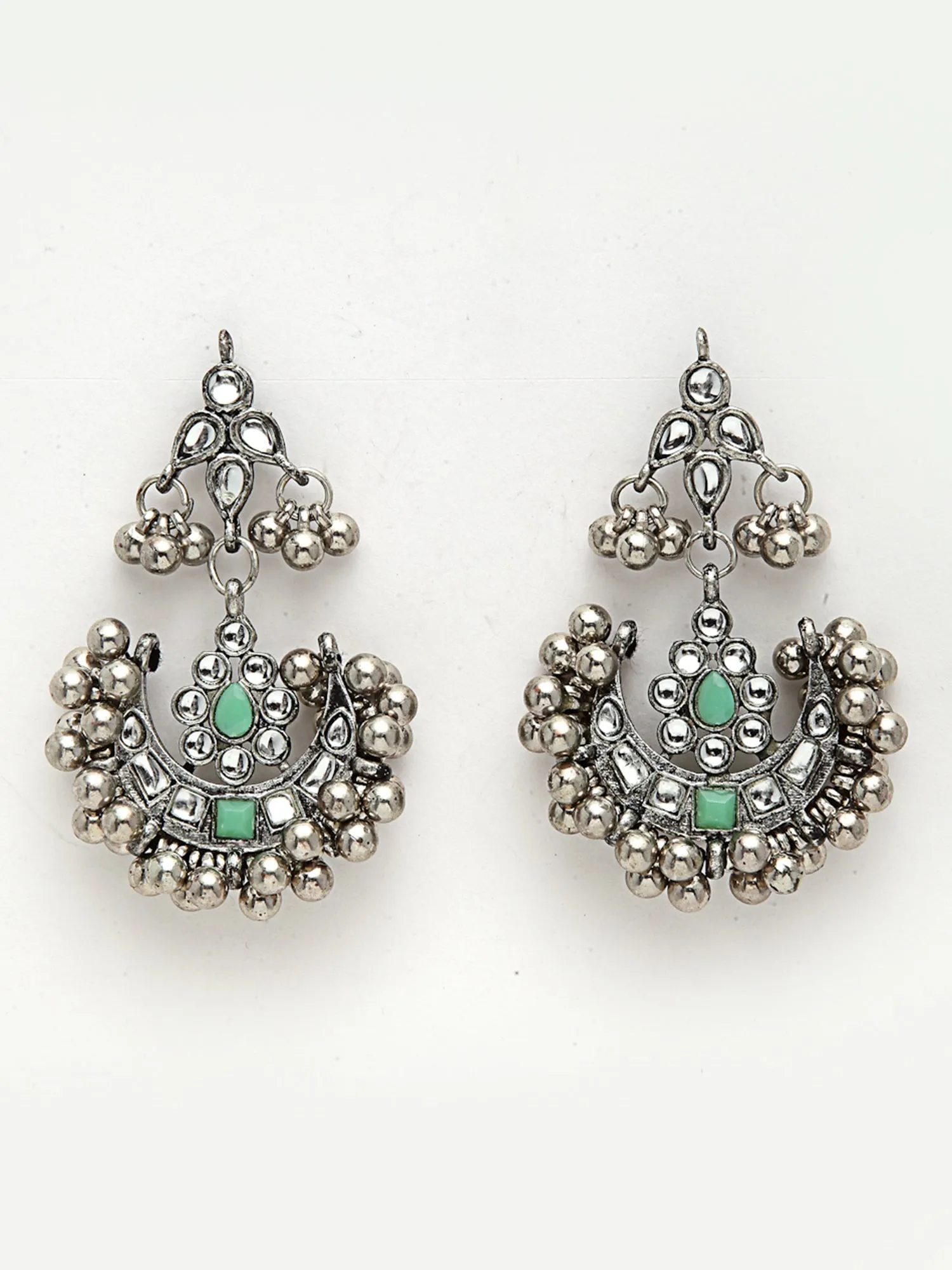 Oxidised Silver Light Green Kundan Studded Necklace Set