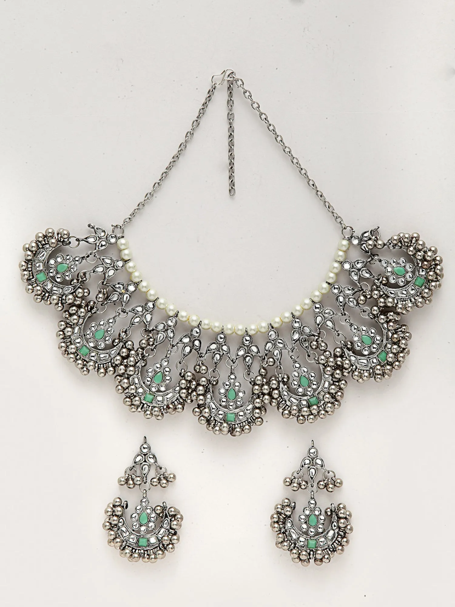 Oxidised Silver Light Green Kundan Studded Necklace Set