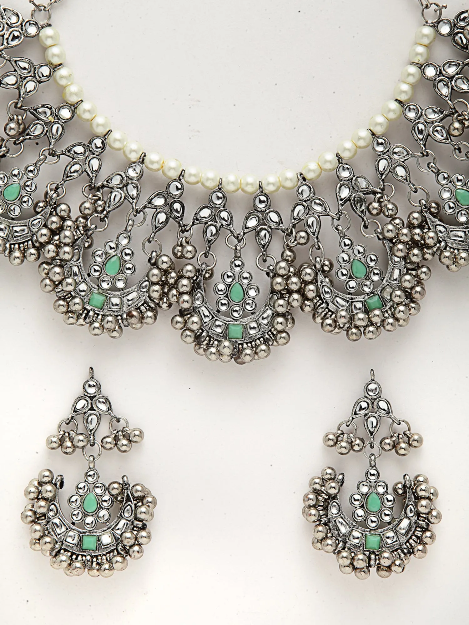 Oxidised Silver Light Green Kundan Studded Necklace Set