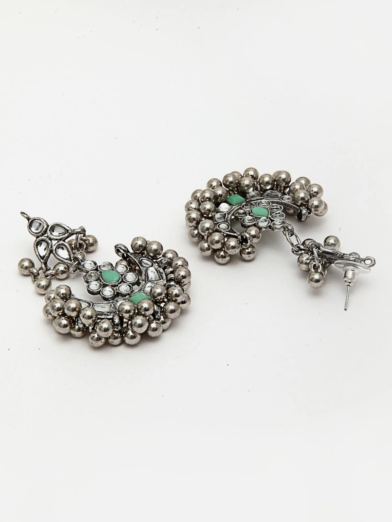 Oxidised Silver Light Green Kundan Studded Necklace Set