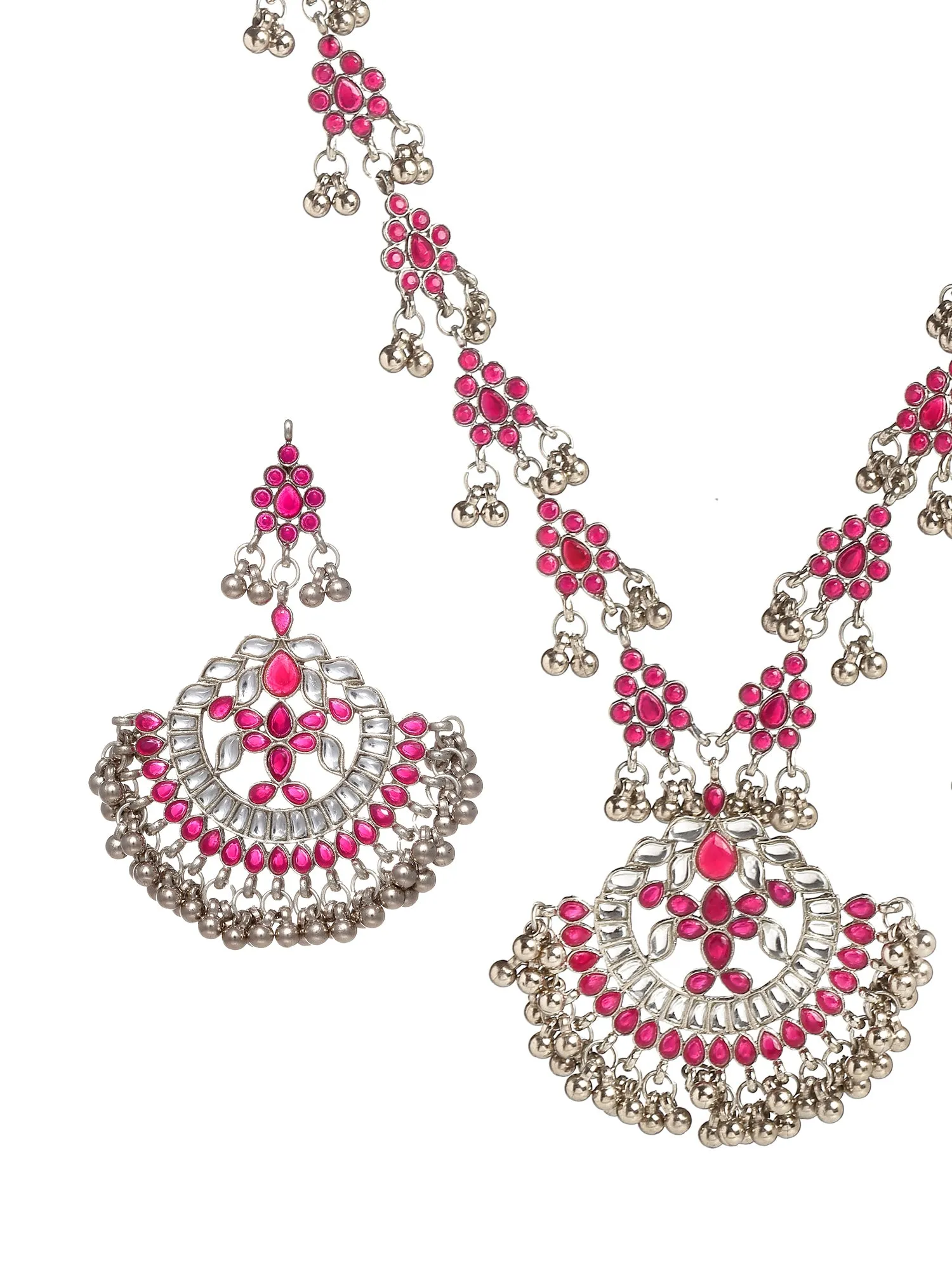 Oxidised Silver Ruby Red Kundan Studded Antique Rani Haar Necklace Set