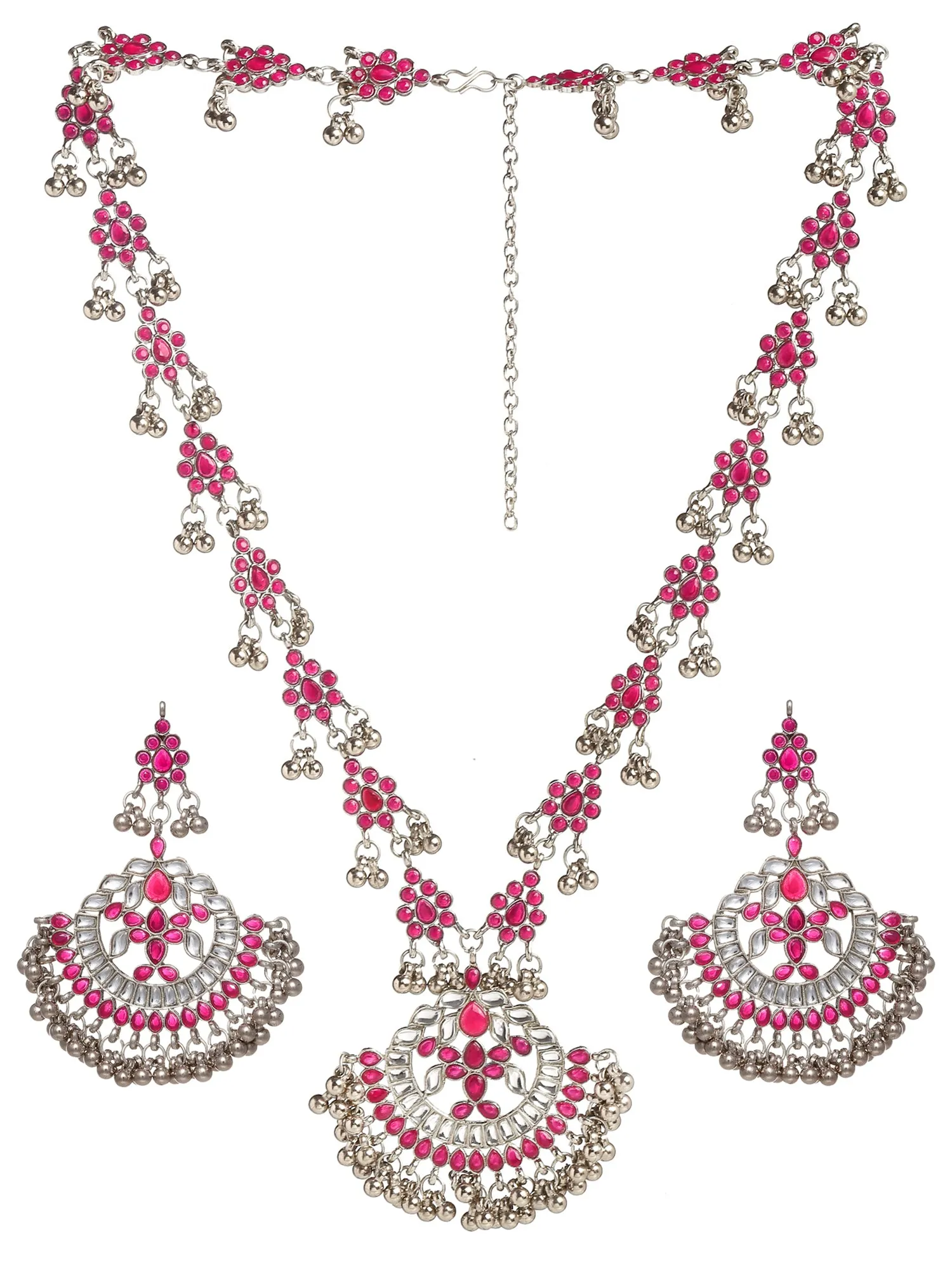 Oxidised Silver Ruby Red Kundan Studded Antique Rani Haar Necklace Set