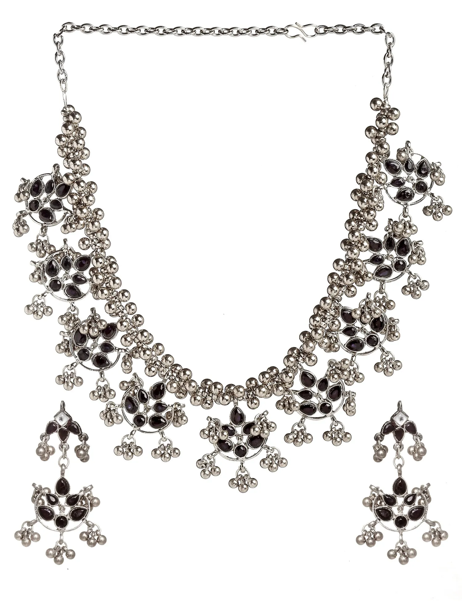 Oxidised Silver Tone Black Kundan and Tassel Ball Studded Choker Necklace Set